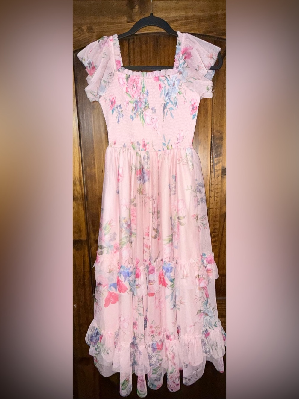 Rare Editions Pink Floral Smocked Bodice Tiered Dress